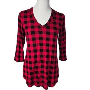 Pure Essence Urbanology Small Petite Red and Black Checkered V-Neck Top
